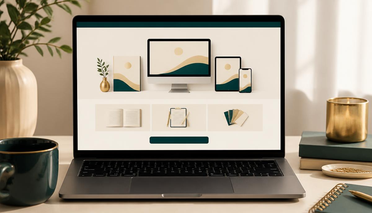 حاسوب يعرض صفحة منتج رقمي فيها معاينات وزر شراء